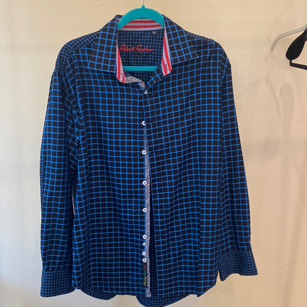 Robert Graham Long Sleeve blue & black checkered shirt, size XL.